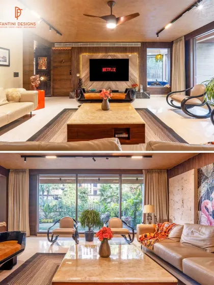 This collage highlights the TV unit and the view towards the garden. The design balances the need for entertainment with a connection to the outdoors.