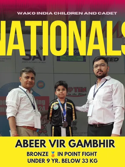 A graphic celebrating Abeer Vir Gambhir's Bronze medal win in the Under 9 category at the WAKO INDIA Nationals. Every medal at the national level is a significant achievement.