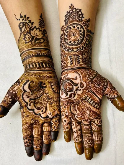 A rich and detailed design perfect for Teej or Karvachauth. The artwork features a mix of bold Arabic-style shading and fine traditional lines, with peacock and floral elements.