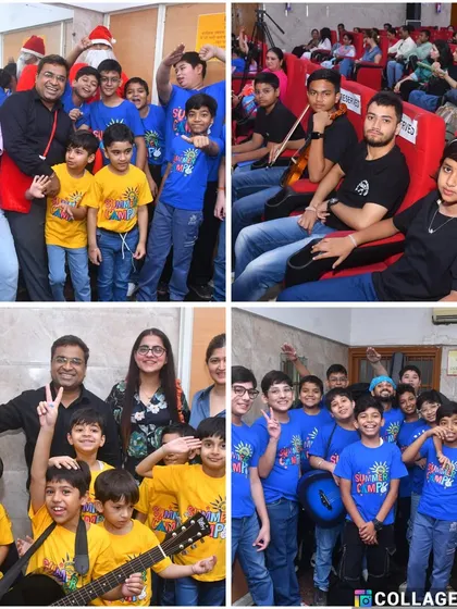 A collage of happy moments from our Annual Day. It shows our students backstage, our orchestra preparing to perform, and candid shots with teachers, capturing the family-like atmosphere of our events.