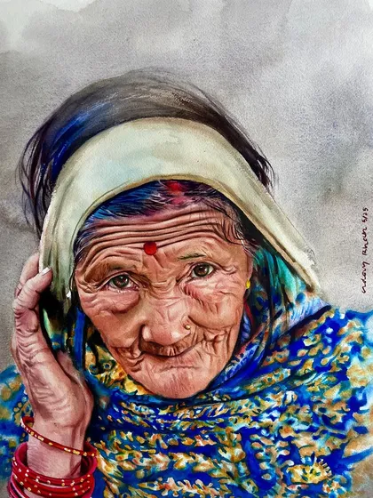 A slightly different view of this advanced portrait, highlighting the details in the blue and yellow patterned clothing.