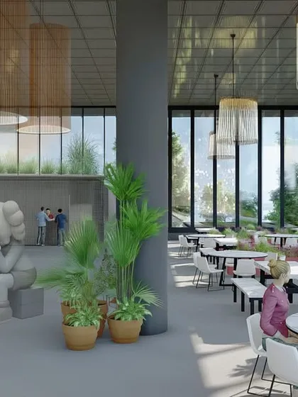 This rendering shows my vision for a corporate recreation zone, designed to foster community and well-being. The space combines a casual food court with a tiered amphitheater for presentations or informal gatherings, using natural light and indoor plants to create a productive yet restful atmosphere.