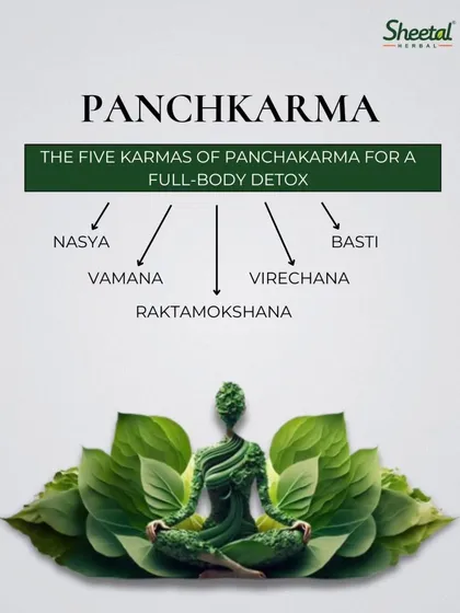 Panchakarma is the cornerstone of Ayurvedic detoxification. It is a set of five (panch) actions (karma) that cleanse the body of toxins and restore balance. This infographic provides a quick overview of the five core therapies: Vamana, Virechana, Basti, Nasya, and Raktamokshana, each targeting different systems for a full-body reset.