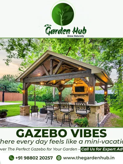 This custom wooden gazebo was built to be the heart of backyard entertainment. It features a built-in stone fireplace and a fully functional bar with seating, turning a simple lawn into a high-end outdoor kitchen and social hub.