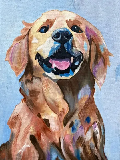 A colorful and expressive oil painting of a golden retriever, created by a student in our short-term course.
