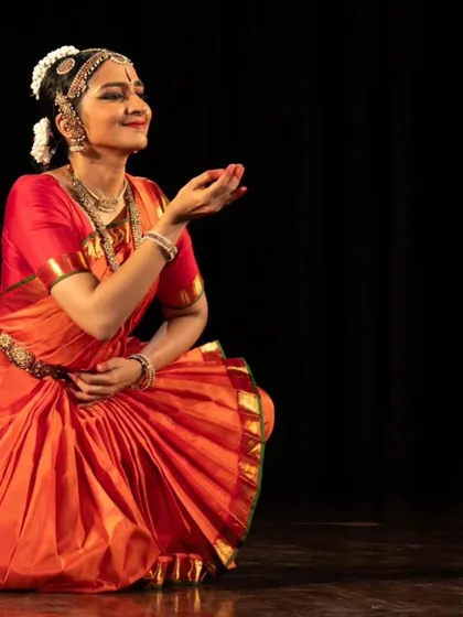Expressing a story through hand gestures (hastas) and facial expressions. This is a moment of storytelling from a performance in New Delhi, where every detail contributes to the narrative.