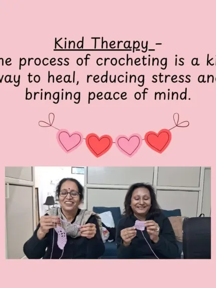 I call crochet 'New Age Yoga' for a reason. Here, two of my students are sharing a moment of laughter and calm during a mindful crochet session. It is a wonderful therapy that reduces stress and brings peace of mind.