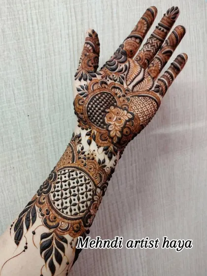 A full view of this unique bridal design, showcasing a perfect balance of modern geometric patterns and classic floral art.