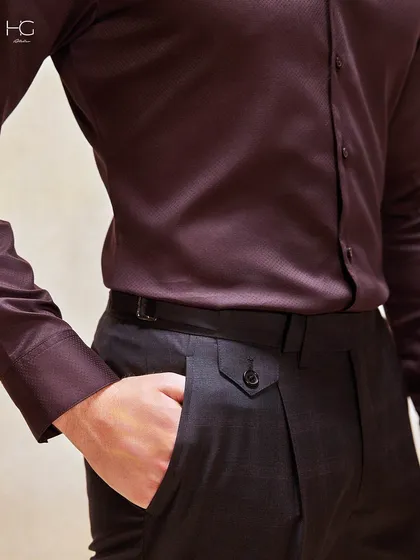 A close-up of the regal burgundy shirt, showing its subtle texture. It's a shade I reserve for moments that deserve nothing less than your finest.