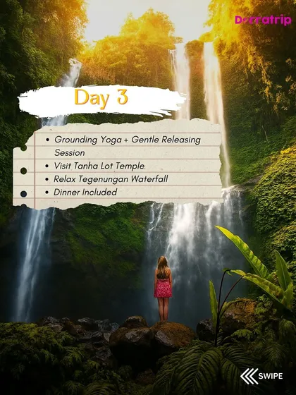 Day 3 of our Bali retreat itinerary. A grounding yoga session, a visit to the Tanah Lot Temple, and relaxing by the Tegenungan Waterfall.