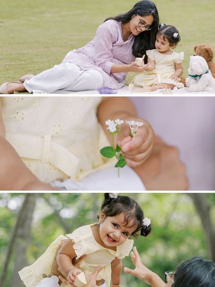 A collage showing the playful and tender moments from a first birthday shoot, including flying high and smelling the flowers.