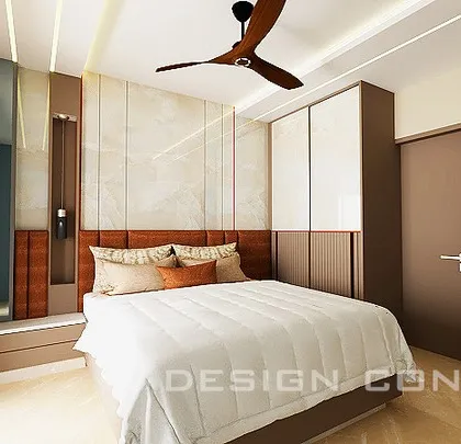 A 3D visualization of a master bedroom with a warm, earthy color palette. The design includes a mix of wood tones, marble-finish panels, and a full-length mirror to create a spacious and inviting retreat.