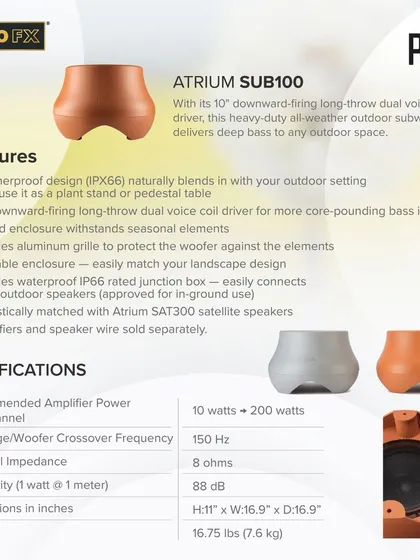 Our Atrium SUB100 subwoofer demonstrates our commitment to functional design. This infographic details its powerful 10-inch downward-firing driver for deep bass and its unique, weatherproof enclosure that can double as a plant stand or pedestal table.