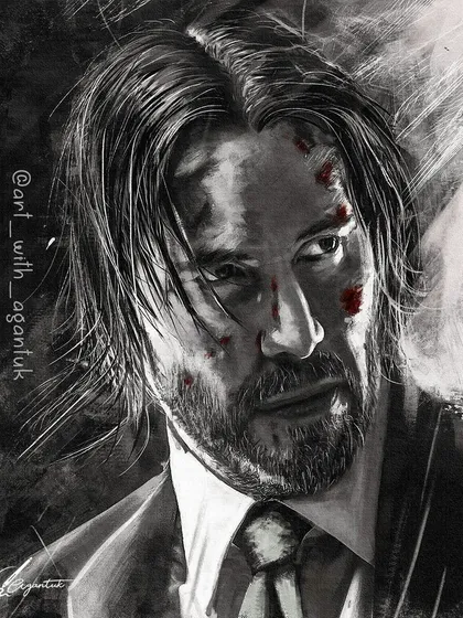 A black and white portrait of John Wick, played by Keanu Reeves. For this piece, I used a more painterly digital style to capture the dark, neo-noir feel of the movie, focusing on the dramatic lighting and gritty atmosphere.