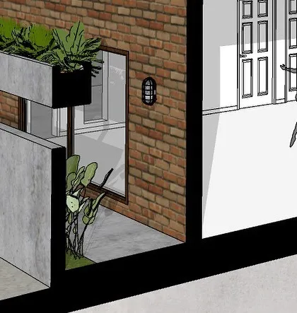 This detail from the 'Project 83' render shows the integration of greenery at the ground level. A built-in planter box along the concrete boundary wall introduces a biophilic element to the urban streetscape.