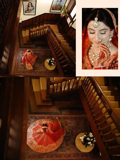 A creative collage showing the bride from above on the staircase, including a shot of her twirling. It's a dynamic and beautiful way to capture the bridal gown.