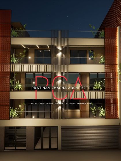 A frontal visualization of the Outram Lines facade, showcasing a symmetrical design with central cladding and flanking terracotta jaali panels.