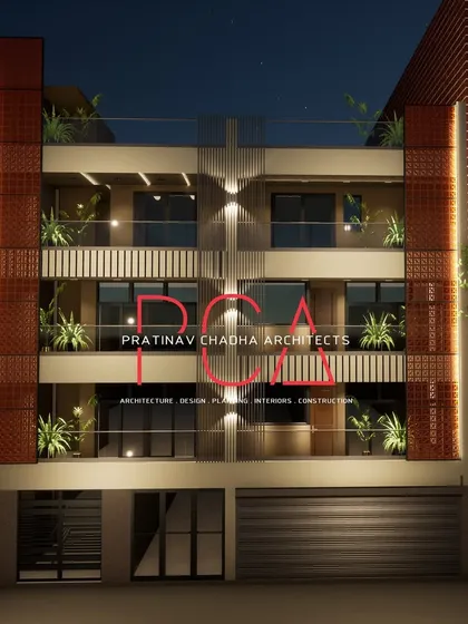 A frontal visualization of the Outram Lines facade, showcasing a symmetrical design with central cladding and flanking terracotta jaali panels.