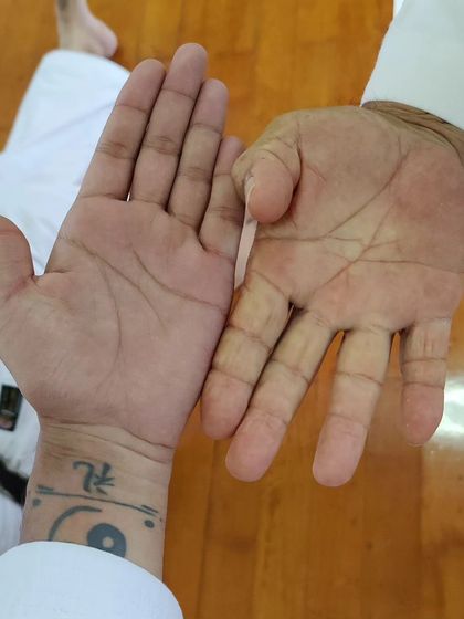 The hands of a seasoned practitioner, conditioned through years of makiwara training, compared to a student's. This shows the physical transformation that comes with dedication.