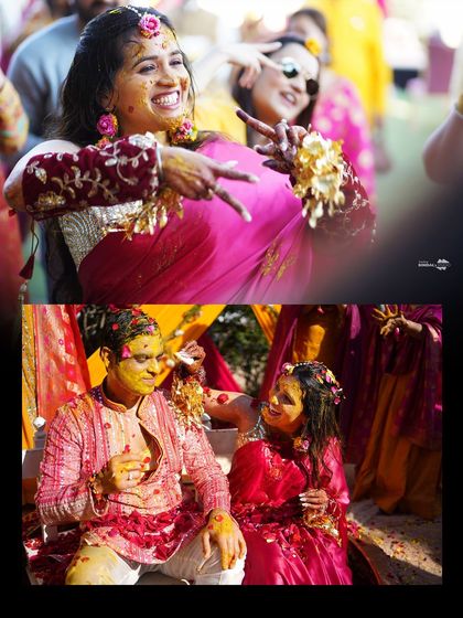 A collage capturing the energy of the Haldi. The bride's playful pose and the couple getting drenched in petals and turmeric showcase the celebratory spirit.