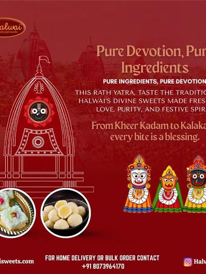 Pure devotion, pure ingredients. This Rath Yatra, taste the tradition with our divine sweets like Kheer Kadam and Kalakand. Every bite is a blessing.