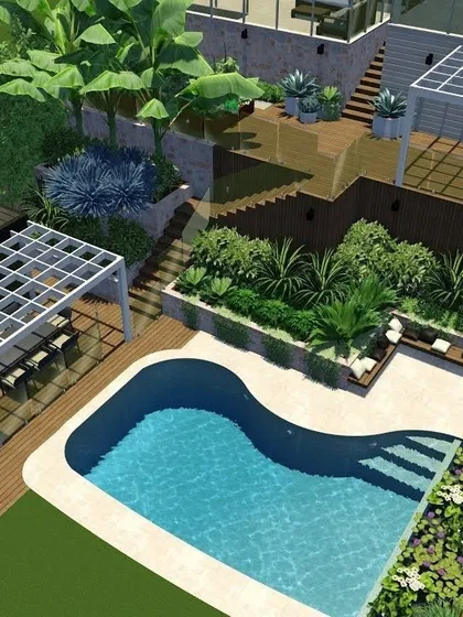 This is a 3D design I created for a client's farmhouse, showing how I plan large-scale projects. The design visualizes a multi-level garden with a poolside deck, a shaded dining area under a pergola, and carefully placed greenery to create a luxurious resort feel.
