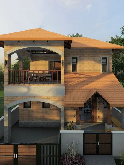 An exterior 3D view of a proposed duplex CSEB house in Mysore. The design incorporates large arched openings, a spacious balcony, and a sloping Mangalore tile roof, reflecting a modern interpretation of traditional South Indian architecture.
