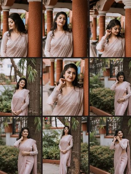 A beautiful nine-frame collage of the bride in a pastel saree. This series captures her elegance and charm from multiple perspectives in a lovely garden setting.