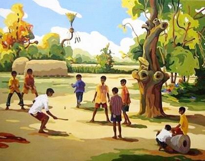 Art can also capture simple, joyful moments. Achala Gangadhar's acrylic painting, "Striking Gilli," brings back the nostalgia of childhood games, rendered in a lively and engaging style.