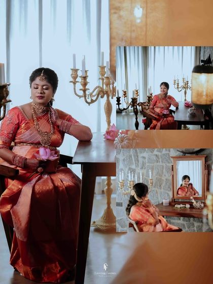 This collage captures various moments from an elegant indoor maternity shoot. It shows the mother-to-be posing with a lotus flower and looking in the mirror, creating a narrative of grace.