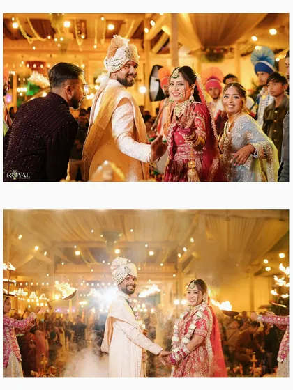 A collage of the couple's candid moments during the wedding ceremony, capturing their smiles and interactions.