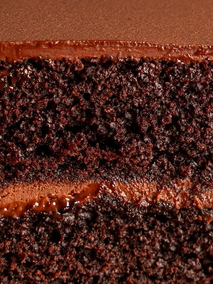 A close-up of the incredible texture of my vegan chocolate cake. Look at that moist, rich crumb. You'd never guess it's dairy-free and egg-free.