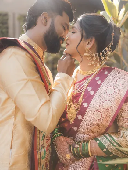 An intimate and beautiful moment between the couple. I used airbrush makeup to create a soft, natural look for this Maharashtrian bride that would last all day and look flawless in photos.