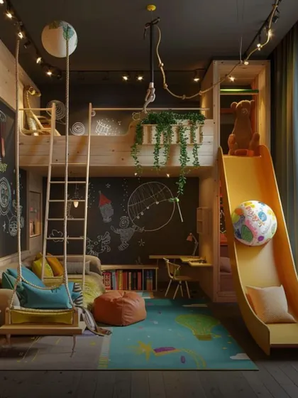 For the adventurous child, this room features a loft bed with a slide, a swing, and a chalkboard wall for endless creativity. It's a design that maximizes fun in a compact space.
