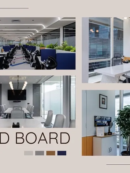 Every project begins with a clear vision. This mood board for the Link Legal office project showcases the color palette, furniture styles, and material choices that guided the entire renovation, ensuring a consistent and professional aesthetic throughout the space.
