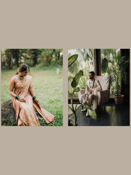 A diptych of individual portraits of the bride and groom in a natural, green setting.