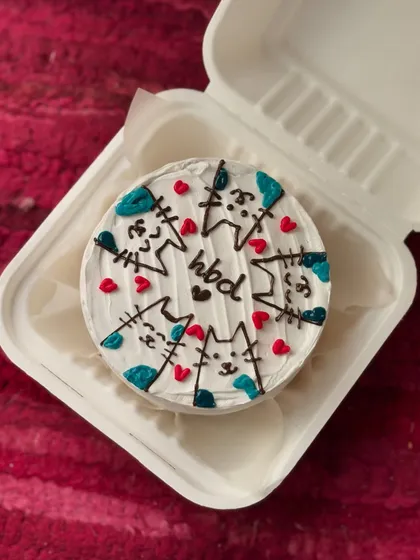 This bento cake is covered in cute, hand-drawn cats. It's a perfect example of the detailed and playful customizations I can do.