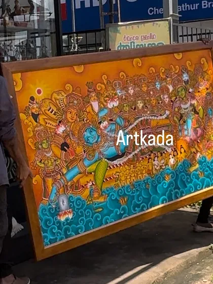 My team and I carefully transporting a large, framed 'Anandashayanam' traditional mural painting, measuring 200x120cm, ready for delivery.