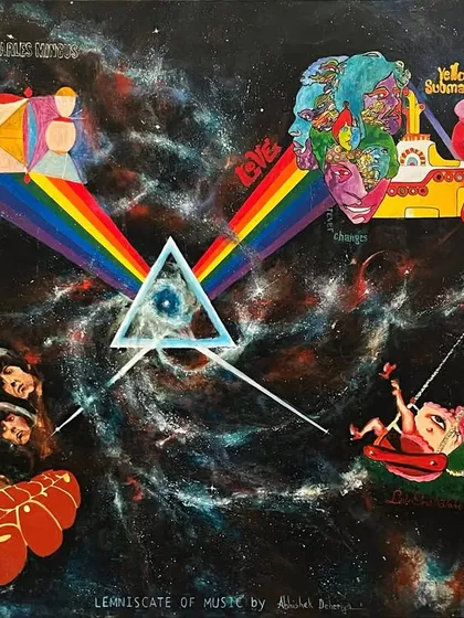 'Lemniscate of Music' is my cosmic tribute to some of the greatest album covers in history, from Pink Floyd to The Beatles. This piece, now in a private collection, visualizes music as an infinite, timeless universe connecting us all.