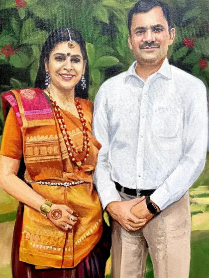 A close-up of the couple from the same painting, highlighting the beautiful textures of the bride's traditional saree.