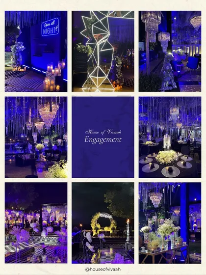 A moodboard collage for an engagement party at The Leela Palace Udaipur, showcasing a sophisticated blue theme with geometric mirrors, chandeliers, and elegant floral arrangements.