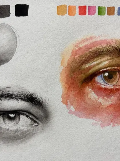 A technical study sheet focusing on drawing and painting eyes. On the left is a detailed pencil drawing, and on the right is an expressive watercolor study, showing two different approaches to the same subject.
