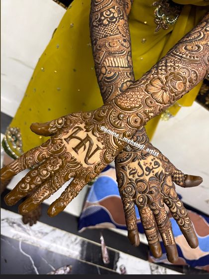 A closer look at the palms, showing the 'H' and 'N' initials and the name 'Fawad' in Arabic.