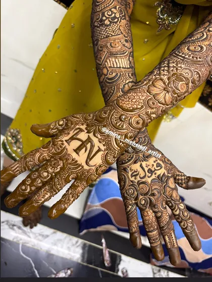 A closer look at the palms, showing the 'H' and 'N' initials and the name 'Fawad' in Arabic.