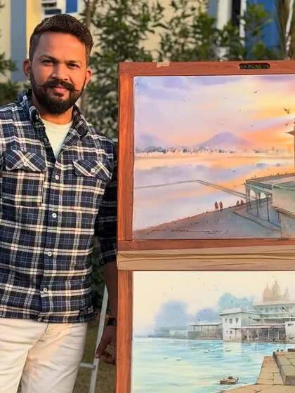 Posing with two of my completed watercolour landscapes from a national artist camp in Pushkar, Rajasthan. Painting on location, or plein air, allows me to directly capture the light and atmosphere of a place.