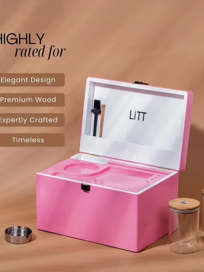 A product shot of the pink LIIT stash box. The color is the hero of this image, presented in a clean, well-lit setup to appeal to a specific customer aesthetic.