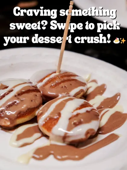 Mini pancakes drizzled with milk and white chocolate sauce, a fun and delicious live dessert option.