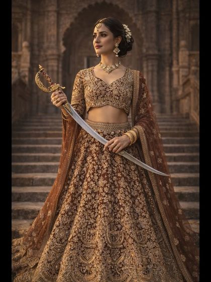 A powerful and unique bridal portrait. The bride holds a sword, adding a touch of warrior queen grace to the traditional elegance of the heavily embroidered lehenga.