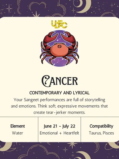 Cancer, your sangeet performances are emotional and heartfelt. You shine with contemporary and lyrical styles that tell a story and create tear-jerker moments.