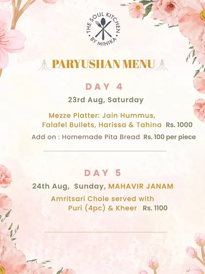 The menu for Day 4 and 5, including a Jain Mezze Platter and Amritsari Chole for Mahavir Janam.